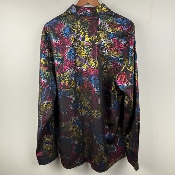 ZEROYAA Men's Metallic On Black Printed XL LongSleeve Button Dress Shirt Rainbow - Picture 9 of 10